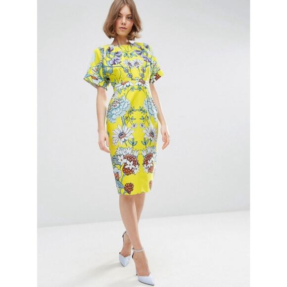 ASOS Wiggle Dress Sheath Size 6 Cotton Stretch Mirrored Floral Print Yellow NEW - Picture 1 of 13